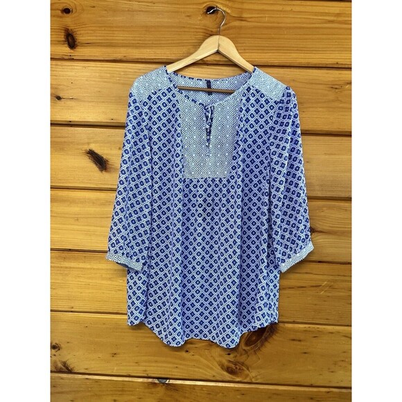 Not Your Daughter’s Jeans NYDJ Peasant Blouse Womens Blue White Boho Floral 1X - Picture 1 of 5